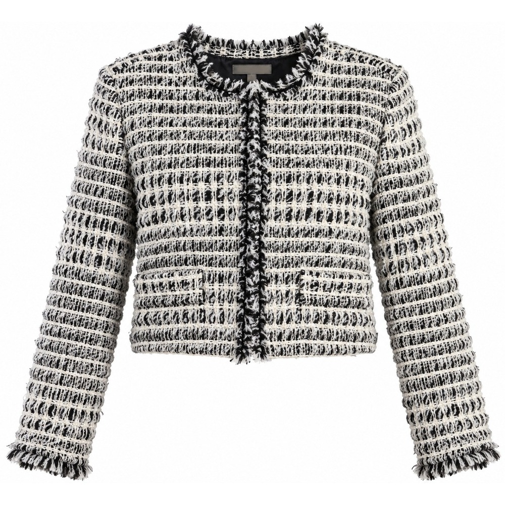 IRO Cropped Jacket Textured Knit Frayed Edge Black White Minimalist Women 38